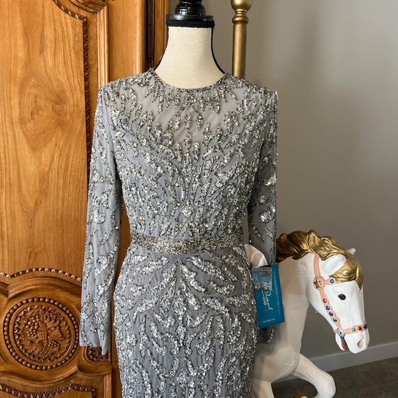 NWT Mac Duggal [6] 5521 Gray Embellished Illusion Sheath Midi Sequin Dress - Picture 5 of 12